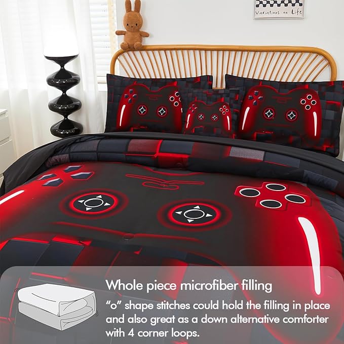 PERFEMET 6-Piece Boys Comforter Set Full Size Game Console Bedding Set for Kids Teen 3D Black and Red Gamepad Gaming Bed in a Bag Matching Sheet Set(Red, Full)