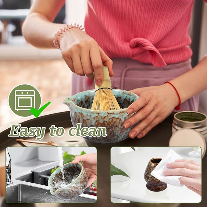 2Pcs Ceramic Matcha Bowl and Whisk Holder Set Easy to Use Tea Bowl and Whisk Stand Easy to Clean Matcha Tea Mixing Tool for Lover.(Kiln turns coffee,2PCS)