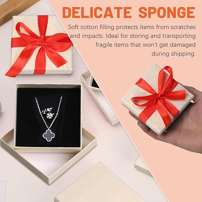 Tanstic 12Pcs Cardboard Jewelry Gift Boxes Kit, 3.5 x 3.5 x 1.2 Inch Beige Gift Boxes Cardboard Jewelry Boxes with 74ft Red Ribbon and Scissor for Rings, Necklaces, Earrings, Bracelets