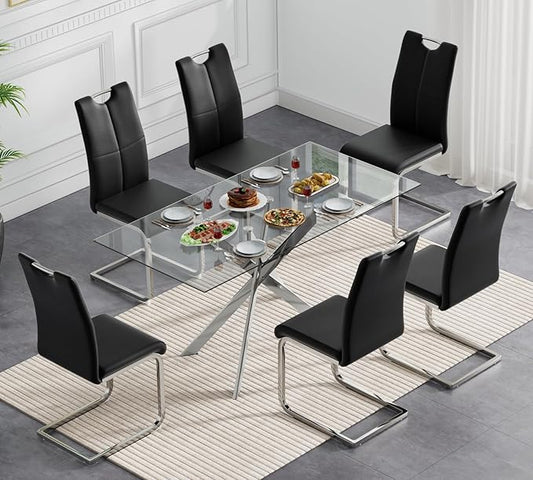 Modern Glass Dining Table Set for 6, Silver Glass Kitchen Table and Chairs Set of 6, 7 Piece Dining Room Table Set with 61" Rectangular Metal Glass Dinner Table and 6 Black Leather Dining Chairs