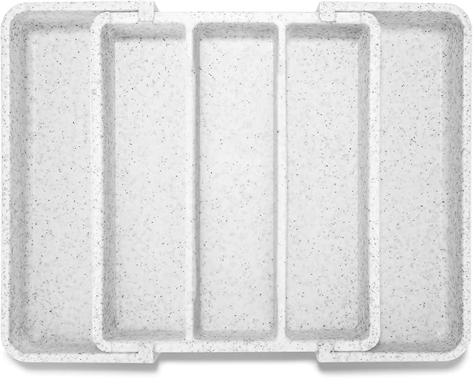 Expandable Large Silverware Organizer, Utensil Drawer Organizer for Kitchen Cutlery, Marble Design， Adjustable Cooking Utensil Tray, Plastic Spatula Tools and Gadgets Storage Divider, White