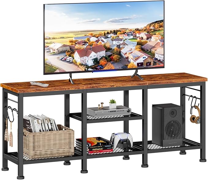Furologee TV Stand for TVs up to 55 Inch, Entertainment Center with Open Storage Shelves, Media Console Table with Soundbar Shelf for Living Room, Bedroom, Rustic Brown