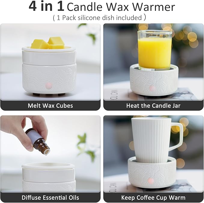Candle Wax Melts Warmer Burner - Ceramic Essential Oil Burner Warmer with 1 pc Silicone Dish 3-in-1 Fragrance Melter for Scented Wax Tart Cube Aromatherapy Home Office Bedroom Decor Gifts
