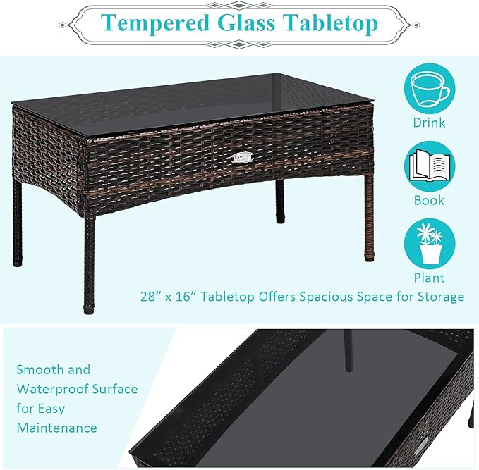 Tangkula 3 Pieces Patio Conversation Set, Outdoor PE Rattan Wicker Furniture Set W/Cozy Cushions, All Weather Sectional Sofa Set W/Tempered Glass Coffee Table for Poolside, Backyard, Garden