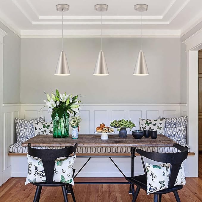 Brushed Nickel Pendant Lights Kitchen Island,Dining Room Light Fixtures Over Table 3 Pack with Silver Cone Metal Shade, Modern Farmhouse Small Chandeliers,Adjustable Cord Hanging Lighting for Sink