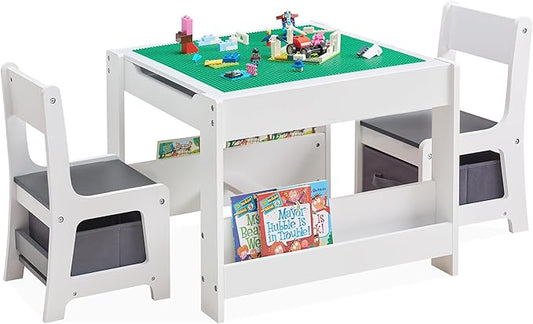 Kids Table and Chair Set, 4 in 1 Wooden Activity Table with Bookshelves and Storage Drawer, 2 in 1 Detachable Tabletop Construction Play Table Set for Drawing, Reading, Build Blocks