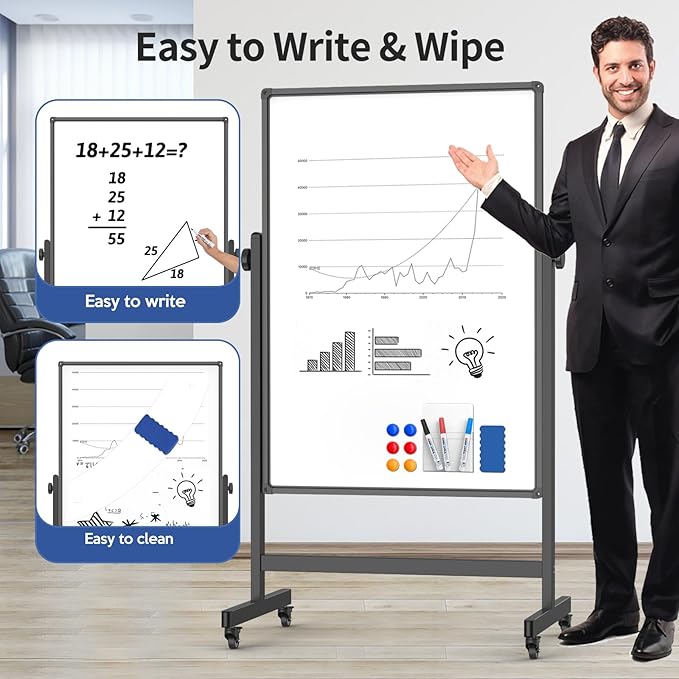 Rolling Whiteboard 40x28 Inches - Adjustable Height Standing Easel Whiteboard on Wheels for Home, Office, Classroom Black