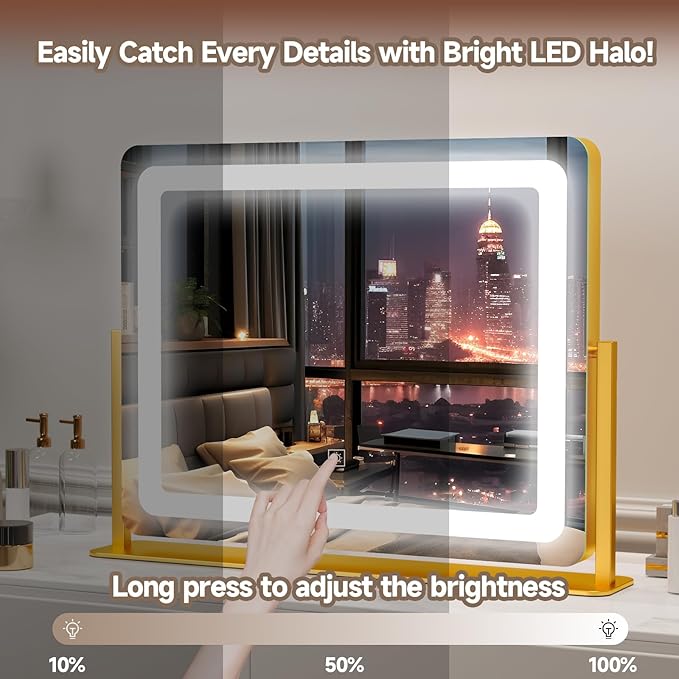 PRIMETEK Vanity Mirror with Lights, 22"x19" Large Makeup Mirror with Lights, Hollywood LED Lighted Makeup Mirror, Touch Sensor with 3-Color Lighting, Dimmable for Vanity Desk Tabletop, Bedroom, Gold