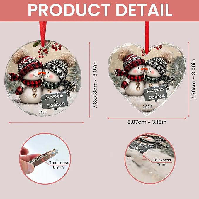 NAZENTI Personalized Snowman Couple Ornament 2025, Custom Glass Christmas Ornaments with Names, Snowman Lovers Holiday Decoration, Romantic Gift for Couples Newlyweds Keepsake 01