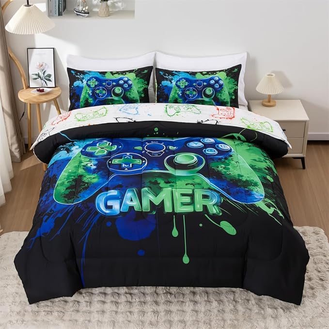 NTBED Game Console Comforter Set for Boys Girls Kids Tie Dye GamingLightweight Microfiber Gamer Bedding Sets (Blue Green, Full 5Pcs)