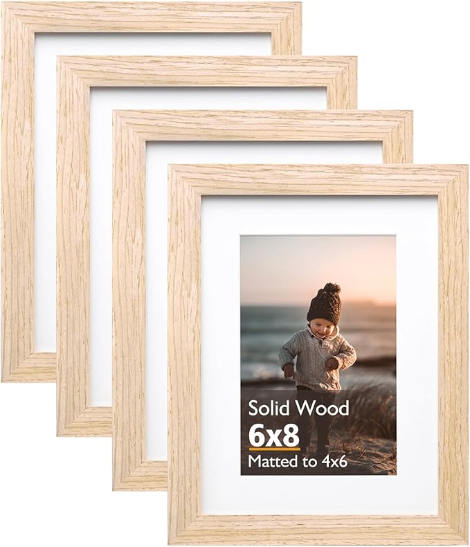 KINLINK 6x8 Picture Frame Natural, Solid Wood Frames with Acrylic Plexiglass for Pictures 4x6 with Mat or 6x8 without Mat, Tabletop and Wall Display Photo Frame, Set of 4