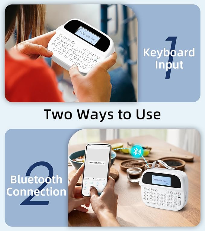 M950 Label Maker, Rechargeable Backlit Labeler Machine with Tapes 12mm 0.47 White for Office Home School, Bluetooth Handheld Label Printer Replacement for Brother Ptouch Label Maker Machine