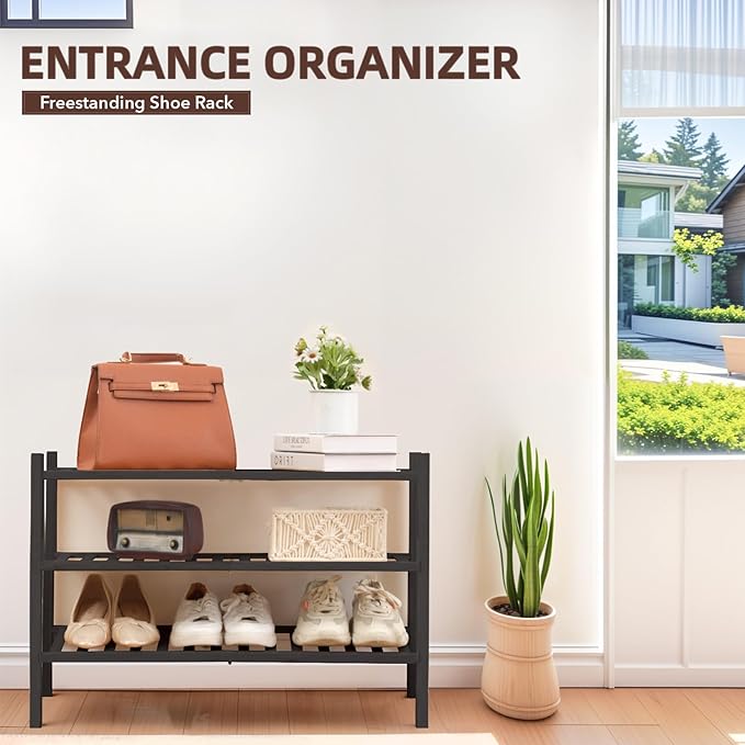 3 Tier Bamboo Shoe Rack Storage Organizer for Closet, Multifunctional Stackable Free Standing Shoe Shelf Organizer for Small Space,Entryway, Hallway, Bathroom27 x11 x20(Brown, 3 Tier)