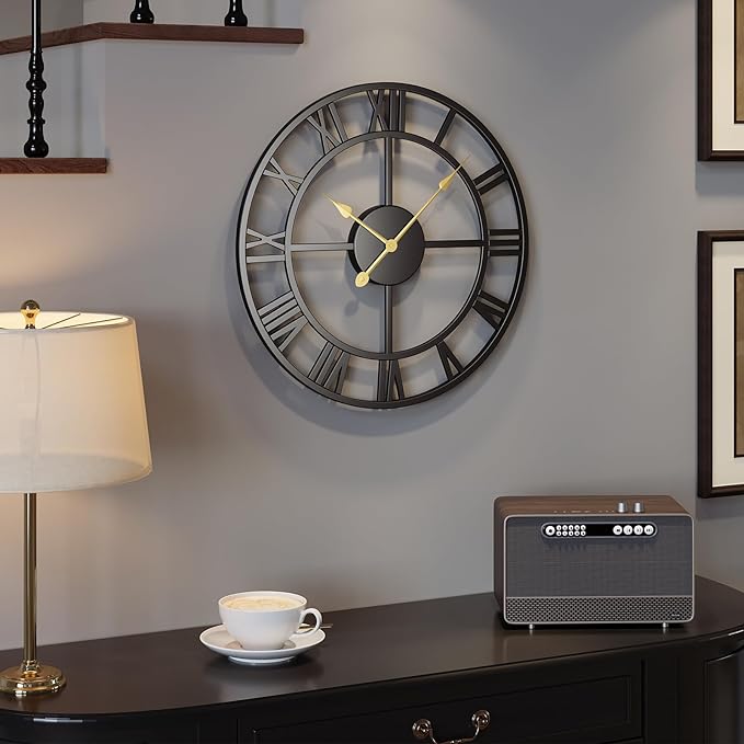 16 Inch Wall Clock for Living Room, Black Metal Wall Clock Battery Operated, Round Roman Numeral Decorative Clocks for Bedroom, Home, Kitchen, Office, Wall Decor