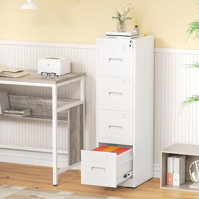Greenvelly 4 Drawer File Cabinet with Lock, White Metal Vertical Filing Cabinet for Home Office Fit Legal/Letter/A4/F4 Size with Hanging Bars&Key