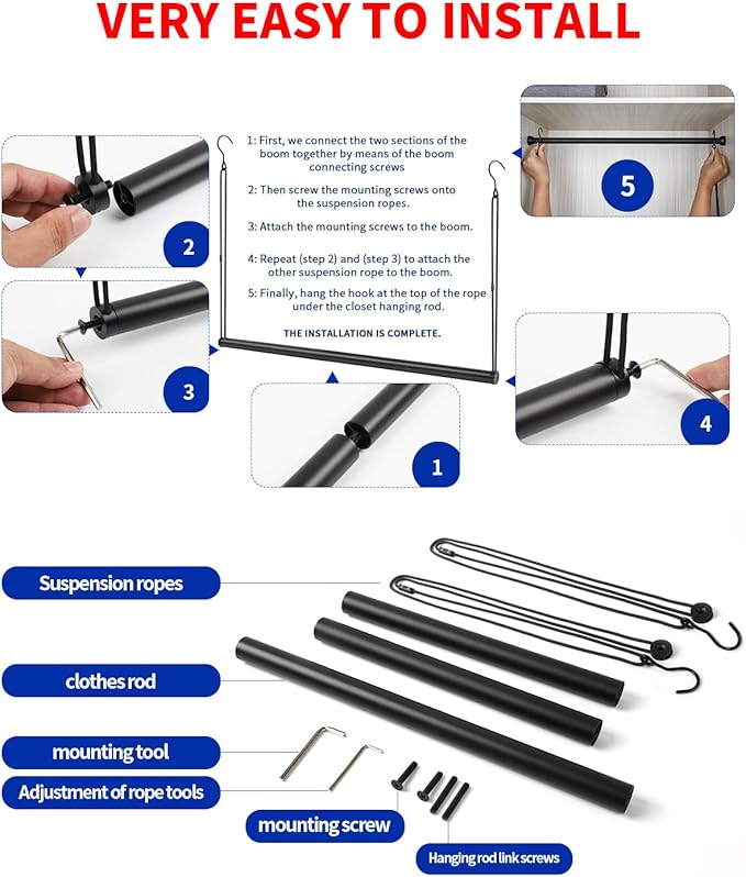 Closet Rods for Hanging Clothes 40'' Black Stepless height adjustment Heavy Duty Closet Rod for Optimize closet storage and organizing space