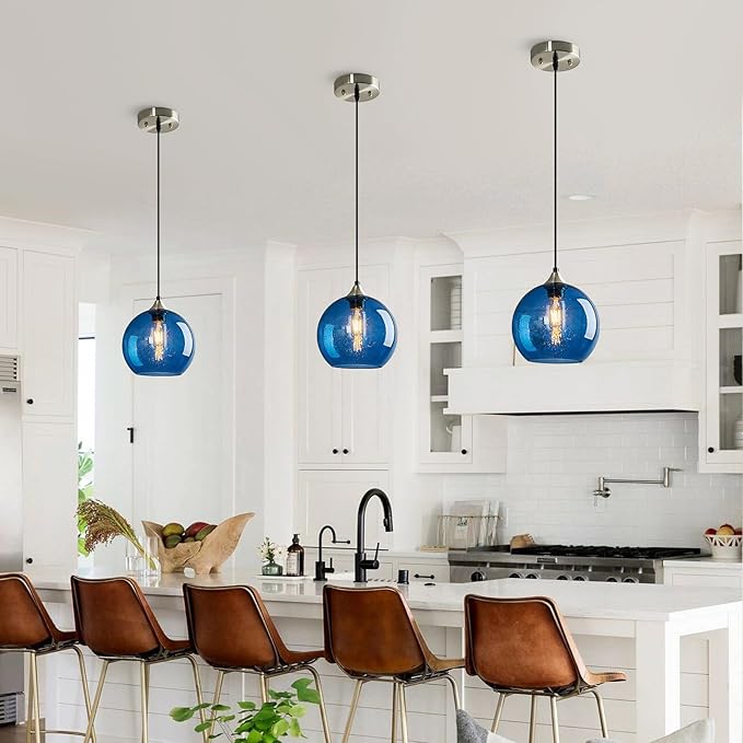 Blue Glass Pendant Lights Kitchen Island Lighting Globe Pendant Light Fixtures Modern Pendant Lighting for Kitchen Island Bedroom Living Dining Room Light Fixture(7.87in, 3-Pack)