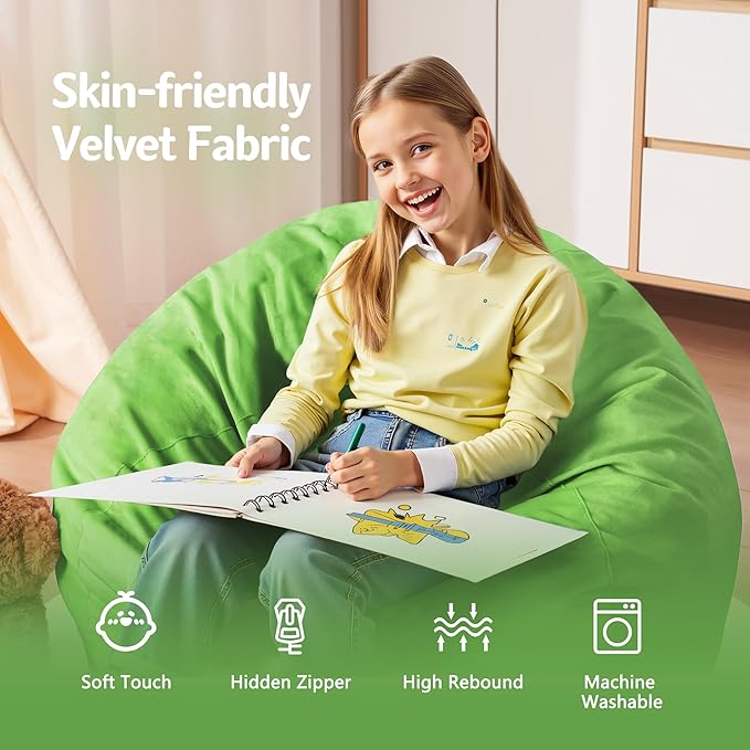 Homguava 2FT Bean Bag Chair: 2' Bean Bags with Memory Foam Filled,Comfy Beanbag Chairs Round Bean Bag Sofa with Dutch Velvet Cover-Lime