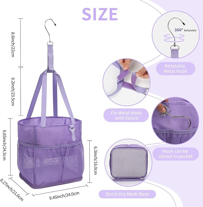 Mesh Shower Caddy Portable for College Dorm Room Essentials, Shower Tote Bag with Hanging Hook and Drawstring, Quick Dry Toiletry Bag with 6 Pockets for Bathroom, Swimming, Gym, Camping, Beach, Travel