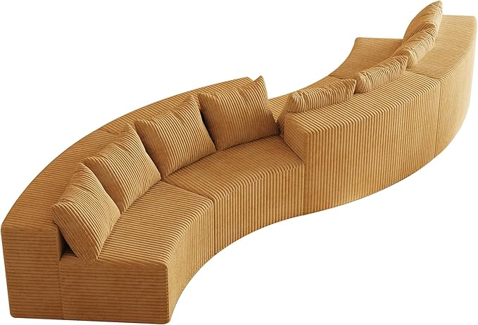 KEIKI Corduroy Curved Sectional Sofa, 4 Seater Symmetrical Modular Semi Circular Couch, Deep Seat Tufted Corner Sofa for Living Room, Lobby, Yellow
