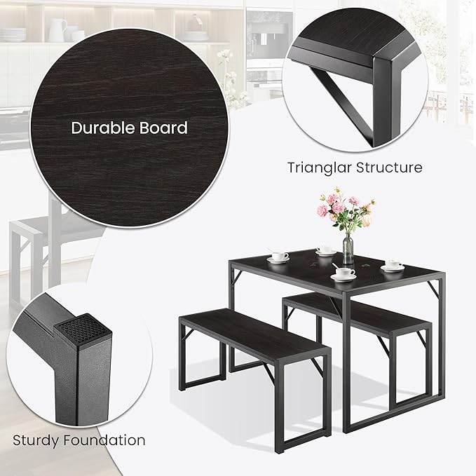 SHA CERLIN Kitchen Dining Table Set for 4 with Benches, Rustic Small Space Saving Dinette, Heavy Duty Metal Frame