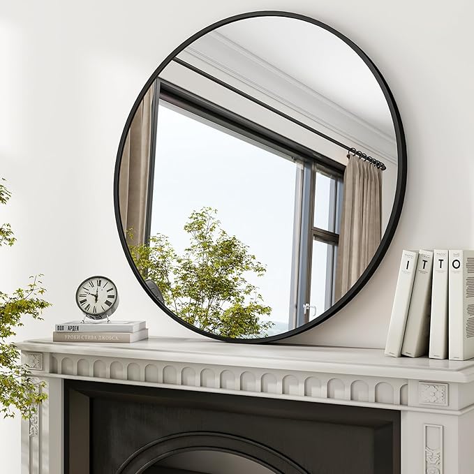 36 Inch Round Mirror - Circle Mirrors for Bathroom, Entryway and Living Room Wall Decor, Modern Hanging Vanity Mirror, Matte Black Circle Decorative Wall Mirror