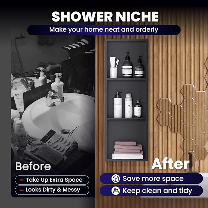 Stainless Steel Shower Niche 12" X 36"，3-Tier Recessed Wall Niche No Tile Needed Shower Shelf for Bathroom Storage (4x12x36 Black)