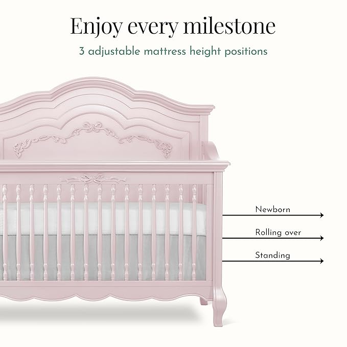 évolur Aurora 5-in-1 Convertible Full-Size Baby Crib in Dusty Rose, GreenGuard Gold & JPMA, 3 Mattress Heights, Ribbon Bow Scrollwork & Queen Anne Feet, Converts to Toddler, Day & Full-Size Bed
