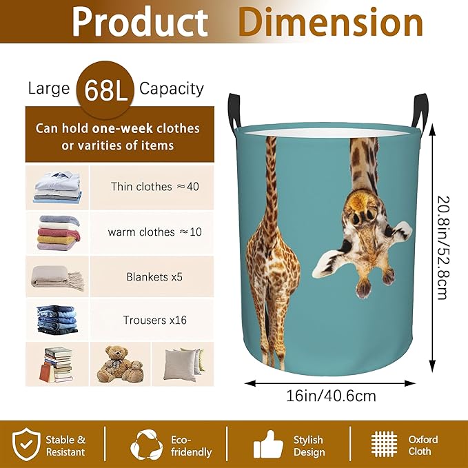 Laundry Hamper, Funny Giraffe Laundry Basket,Waterproof Foldable Storage Bin for Bedroom,Clothes Organizer Basket,Toys Box 16x20 Inch