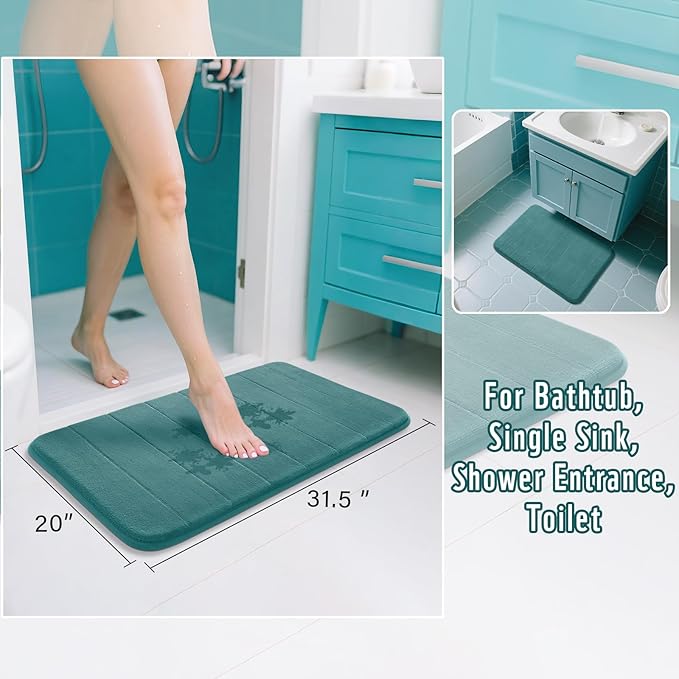 Yimobra Teal Bath Mat 31.5x20 Inch, Super Soft Absorbent Memory Foam Bathroom Rug Non Slip, Quick Dry, Machine Washable Floor Carpet for Tub Shower, Home Decor Accessories