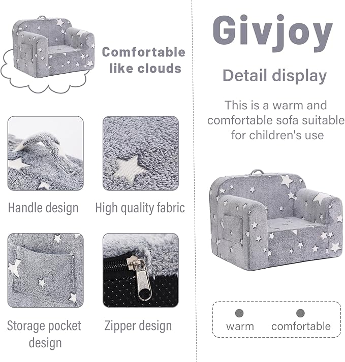 Toddler Chair Plush Kids Couch, Comfy Glow in The Dark Armchair with Removable and Washable Cover Carrying Handle Kids Sofa, Convertible Reading Chair Toddler Couch for Girls and Boys