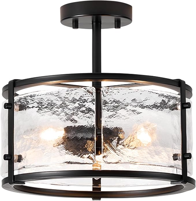 Semi Flush Mount Ceiling Light Fixturs - Black Ceiling Lights - 14inch Ceiling Light Fixtures with Glass - E12 3-Light Hallway Lighting Fixtures C2118-BK