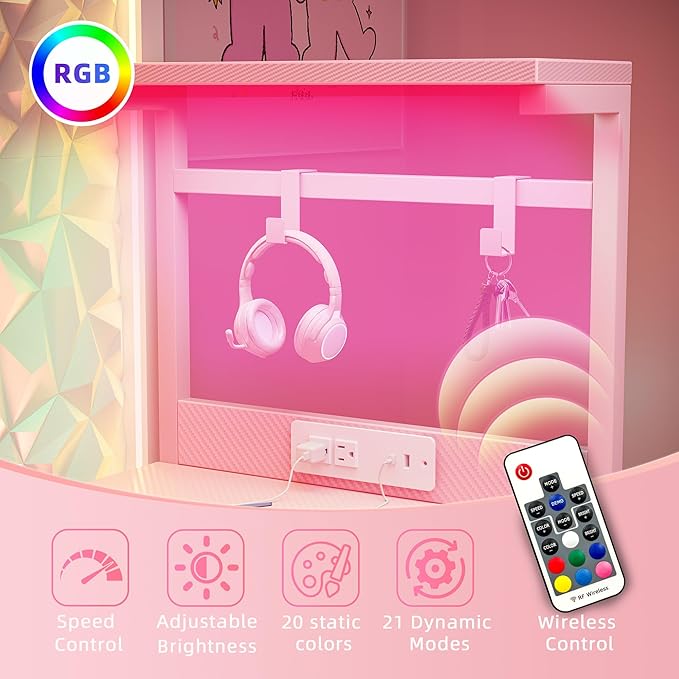 TIQLAB Gaming Desk 47 inch with Power Outlet and LED Light, Computer Desk with Reversible Shelves and Storage Drawer, Small PC Desk for Home Office Table with Bag, Carbon Fiber Pink