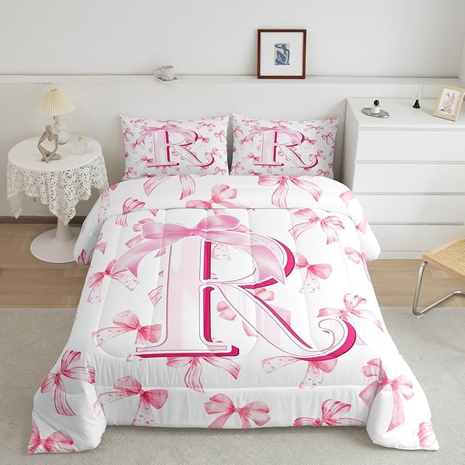 jejeloiu Kids Girls Cute Pink Bow Comforter Set Twin Size Monogrammed Bedding Set Ultra Soft Personalized Initial R Duvet Quilt Coquette Bow Knot Quilt Set Room Decor Modern Fashion Comforter