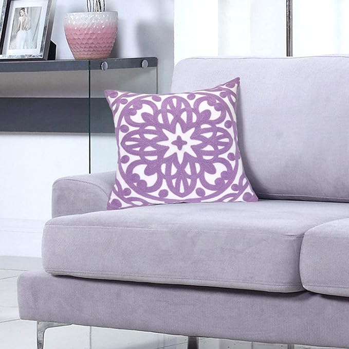 Alysheer Embroidered Decorative Throw Pillow Cover 20"x 20", Boho Mandala Modern Thick Embroidery Pattern, Durable Cotton Canvas Soft Cushion Case for Sofa Couch Bed Living Room (Lilac Lavender)