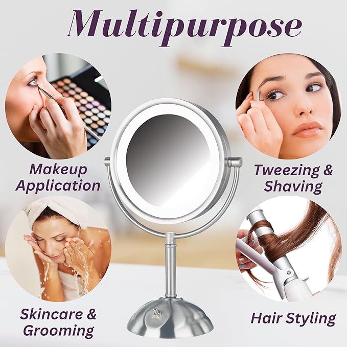 JERDON Lighted Makeup Mirror with Magnification - 1X and 8X Magnification - Nickel Finish - Model HL8808NL