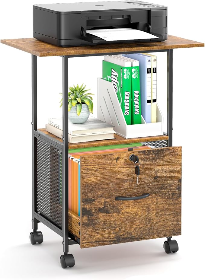 File Cabinet Small Filing Cabinet with Lock Printer Stand with Storage, Rolling File Cabinet with Drawer Vertical File Cart with Wheels, Lockable Filing Cabinet for Home Office