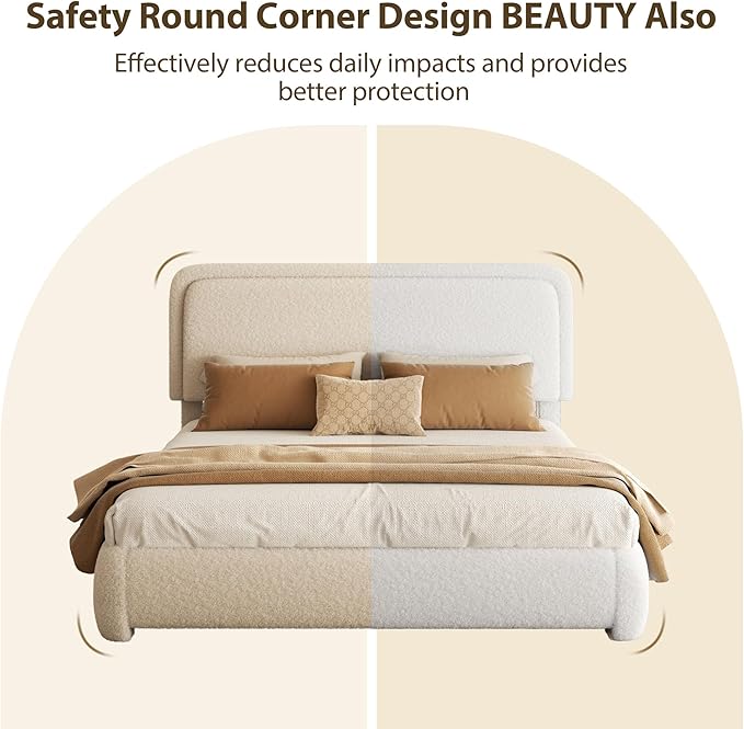 Full Bed Frame, Teddy Velvet Boucle Bed Frame with 43.3"/45.3" Adjustable Upholstered Headboard, Rounded Corners, Mattress Foundation, No Box Spring Required, Beige