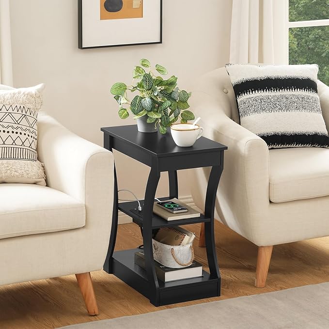 End Table with Charging Station, Set of 2, Side Table with USB Ports and Outlets, 3 Tier Nightstand with Storage Shelf for Small Spaces, Living Room, Bedroom, Black ETBK53E01S2