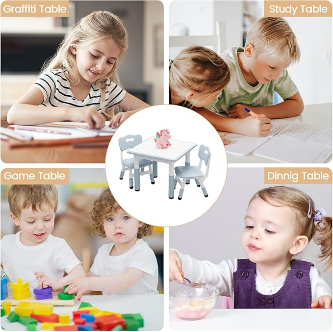 GAOMON Kids Table and 2 Chairs Set with Graffiti Desktop, Height Adjustable Toddler Table and Chairs Set for Reading, Drawing, Playing, Eating