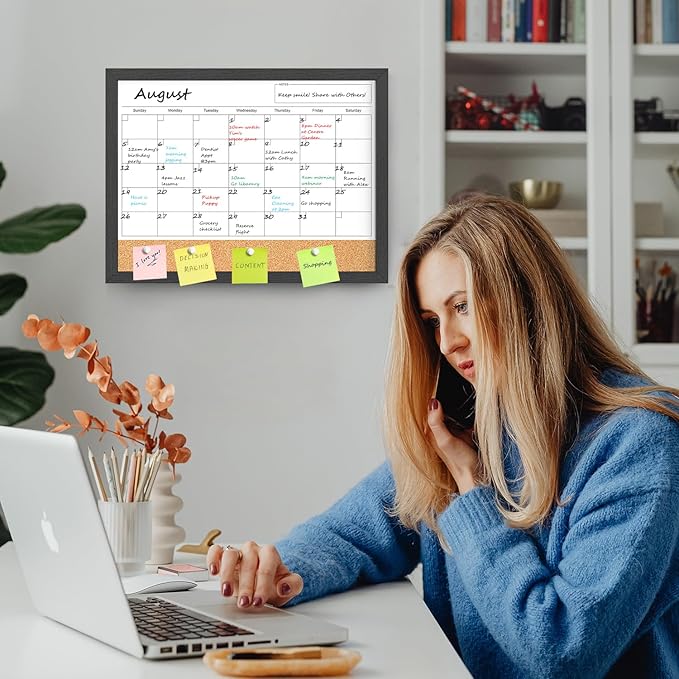 Dry Erase Calendar for Wall, 17x13 Inches Calendar Whiteboard for Wall, Small Magnetic White Board Corkboard with Wood Framed, Hanging Dry Erase Board for Kitchen Home Office School Planner
