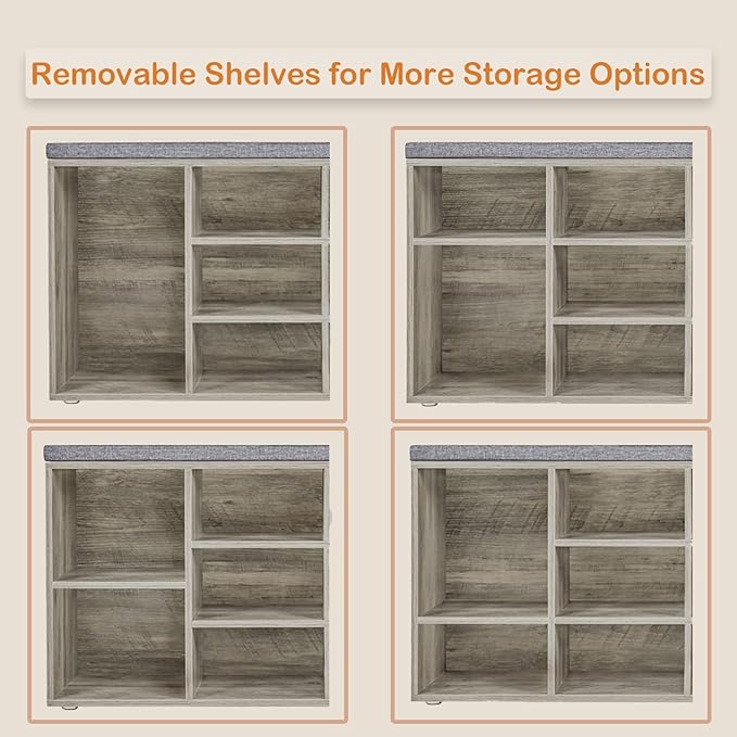 DINZI LVJ Shoe Bench, 9 Cubbies Shoe Organizer for Entryway, Storage Bench with Cushion, Cubby Shoe Rack with Adjustable Shelves for Living Room, Bedroom, Mudroom, Hallway, Gray Wash