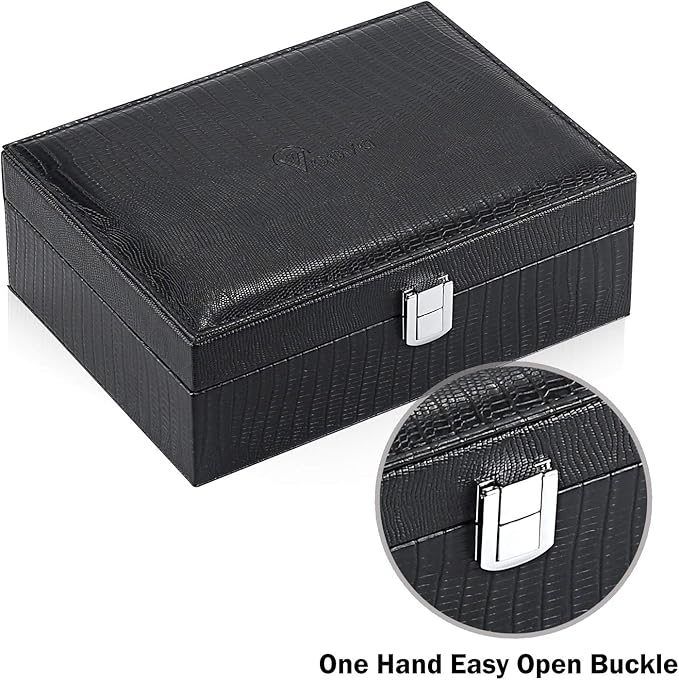 Voova Jewelry Box Organizer for Women Girls, 2 Layer Large Men Jewelry Storage Case, PU Leather Display Jewellery Holder with Removable Tray for Necklace Earrings Rings Bracelets, Vintage Gift, Black