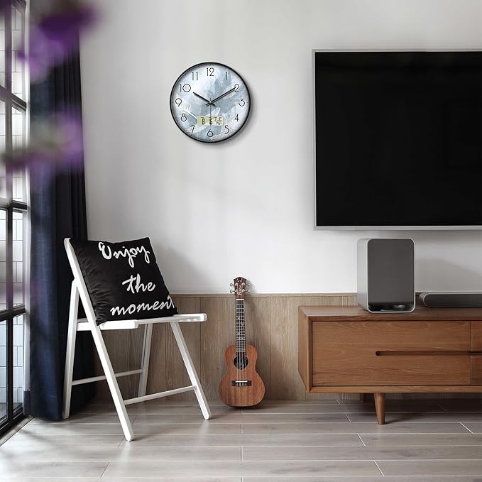 SCAOGE Digital Wall Mount Clock with Date Temperature Day White with Blue Feather Unique Silent Calendar Clocks Battery Operated Large Display Decorative for Bathroom Kitchen Office Bedrooms 14 Inch