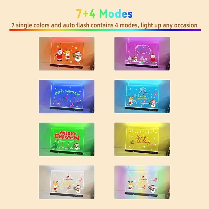LED Magnetic Note Board with Colors, 11.8"X15.7" 4 Modes & 7 Colors Acrylic Dry Erase Board with Light, Include Hanging Chain, Led Drawing Board for Kids with Stand, Soft Cloth, 8 Markers