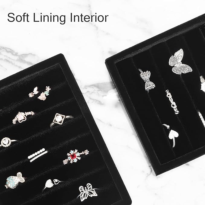 Small Jewelry Tray-Ring Organizer 2PCS Premium Velvet Rings Earrings Display Tray Storage Insert Holder for Jewelry Box, Drawer, Dresser (8 Slots, Black)