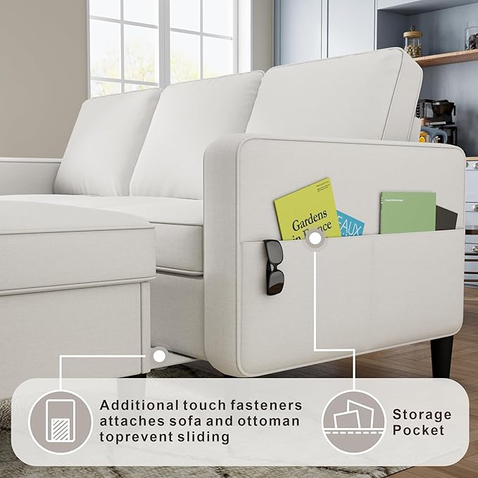 Sectional Sofa Couches for Living Room - Beige 3 Seat L-Shaped Couch with Storage Ottoman, Comfy Linen Convertible Sectionals Sofas with Chaise for Apartment, Office, Small Space