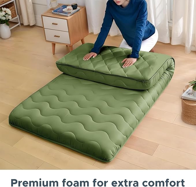 Japanese Floor Mattress, 100% High Density Comfortable Foam, 4" Thicken Foldable Mattress Tatami Mat Sleeping Pad, Ideal for Comfort and Support, Kids Floor Lounger Pillow Bed Sofa, Green, Full