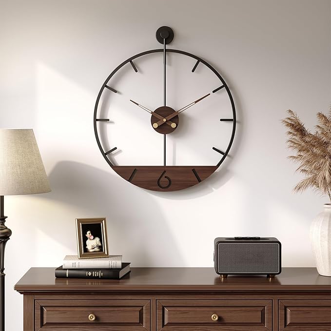 16 Inch Wall Clock with Walnut Wood Dial, Modern Decorative Clock Silent Non-Ticking Battery Operated Metal Frame for Living Room, Kitchen, Office, or Bedroom Wall Decor, Black and Brown