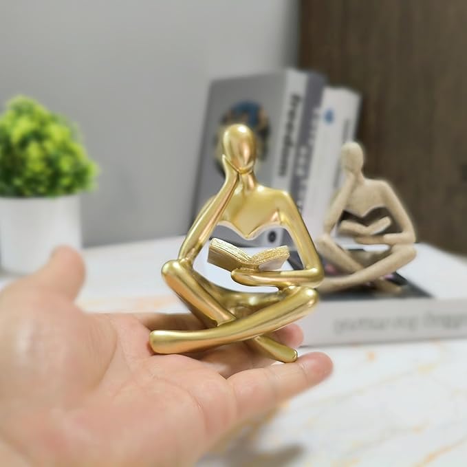 Gold Thinker Statue - Abstract Reading Sculpture 4.5“, Art Modern Decor for Living Room Coffee Tables, Bookshelves & Office Desks | Elegant Accent for Home & Library Spaces (Gold)